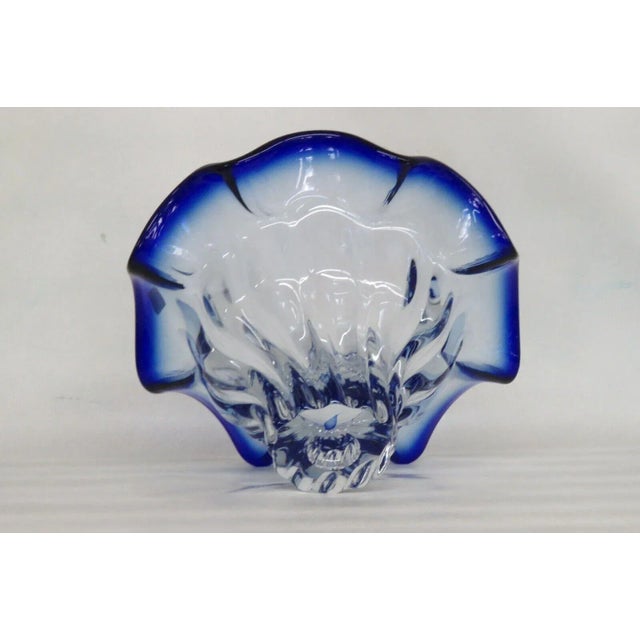 Shannon Crystal Shannon Crystal Designs of Ireland Clear With Blue Ruffled Rim Bowl Poland For Sale - Image 4 of 13