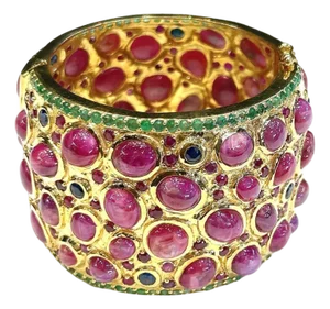Bochic “Capri” Vintage 167 Carat Multi Ruby & Emerald Cuff 18K Gold & Silver