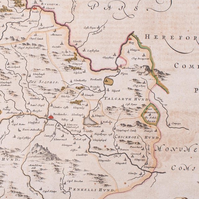 Glass Antique Map of Breconshire, Dutch, Atlas Cartography, Joan Blaeu, Wales, c.1660 For Sale - Image 7 of 11