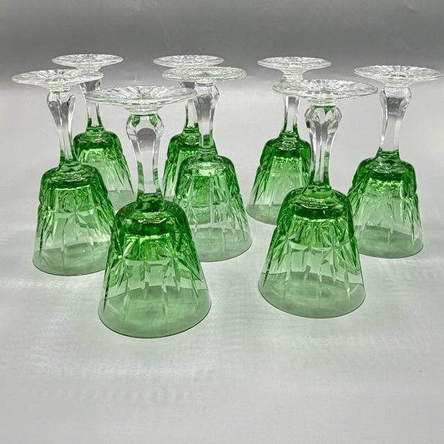 Vintage Emerald Green Cut Crystal Wine Glasses from Cristalería San Carlos, Argentina, 1950s, Set of 8 For Sale - Image 18 of 18