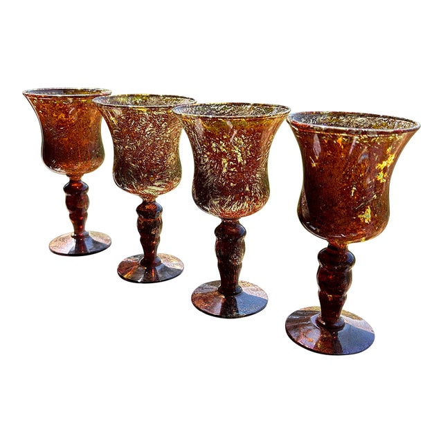 Vintage Moss Agate Wine Water Goblets Italy Art Glasses- Set of 4 For Sale
