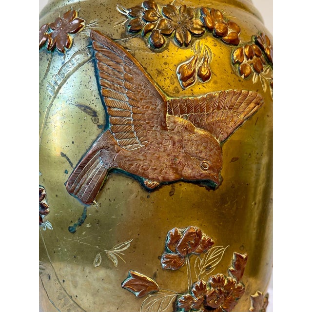 19th Century Antique Japanese High Relif Birds Flowers Mixed Metal Bronze Copper Brass Vase For Sale - Image 10 of 11
