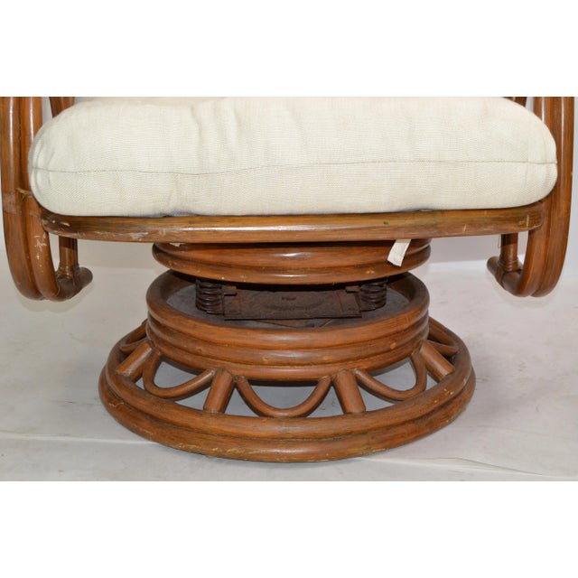 Vintage Bamboo & Wicker High Back Lounge Chair Beige Linen Upholstery - Pair For Sale - Image 9 of 13