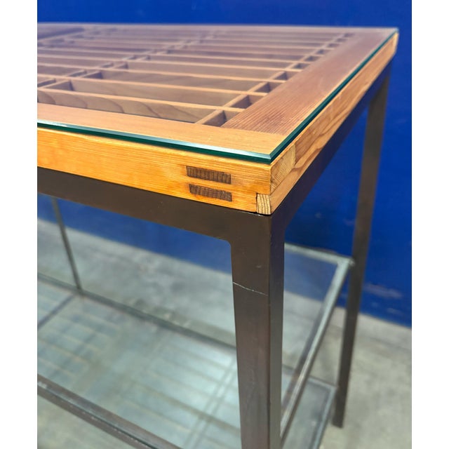 3 Tiered Custom Made Japanese Style Iron and Wood Console With Glass Tops For Sale - Image 9 of 11