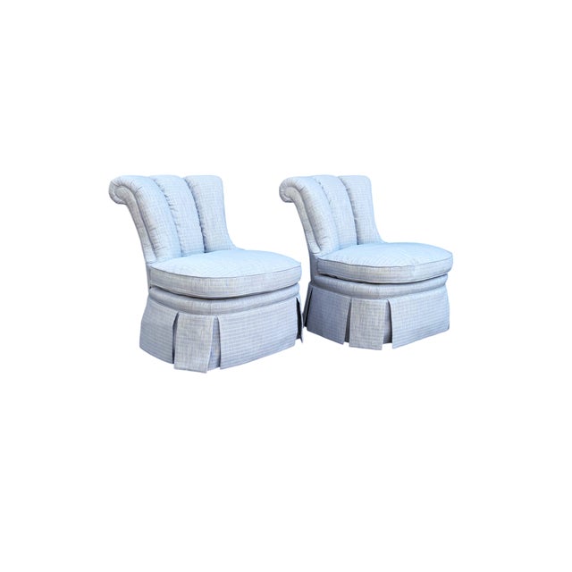 This is a beautiful pair of vintage slipper chairs by Century Furniture featuring an unusually sculptural, deeply...