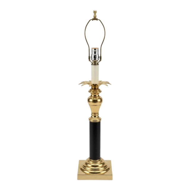 Vintage Brass Table Lamp With Black Column & Palm Leaf Detail – Elegant Statement Piece For Sale