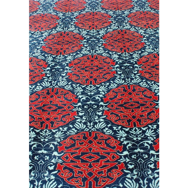 Red & Blue European Design Rug With Geometric Medallions and Vining Blossoms For Sale - Image 10 of 13