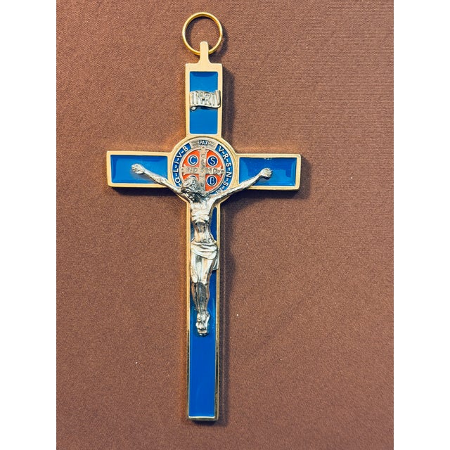 Metal 1990s Blessed Vatican Gift: Blue Saint Benedict 7.5” Crucifix For Sale - Image 7 of 7