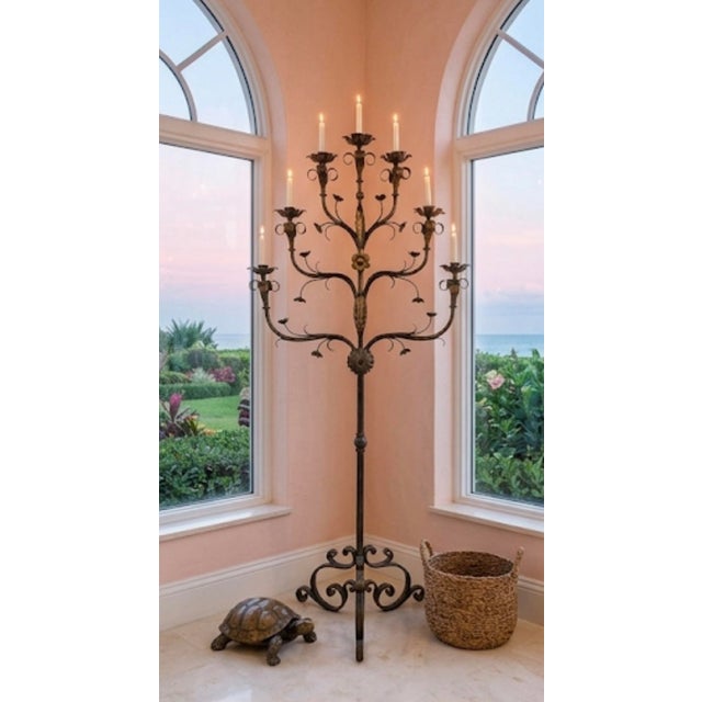 64-Inch Spanish Revival Wrought Iron Nine-Light Tree Form Floor Candelabra For Sale - Image 11 of 12