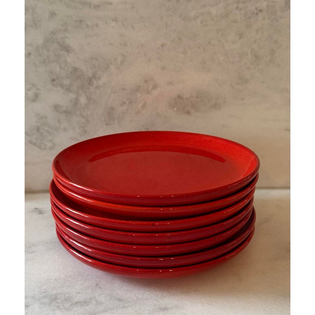 Mid-Century Modern Set of 7 Red Gerz West Germany Pottery Dinner Plates For Sale - Image 3 of 9