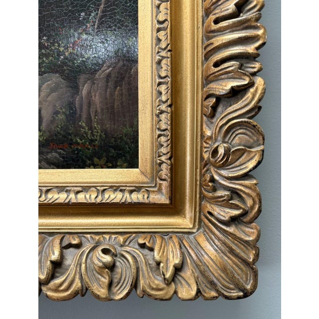 Wood Mid 20th Century Original Classical Landscape Oil Painting With River and Architectural Ruins - Signed For Sale - Image 7 of 11