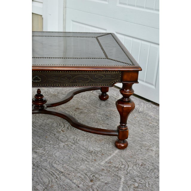Traditional Vintage Theodore Alexander Brass Embossed Regency Style Cocktail Table W/Leather For Sale - Image 3 of 13