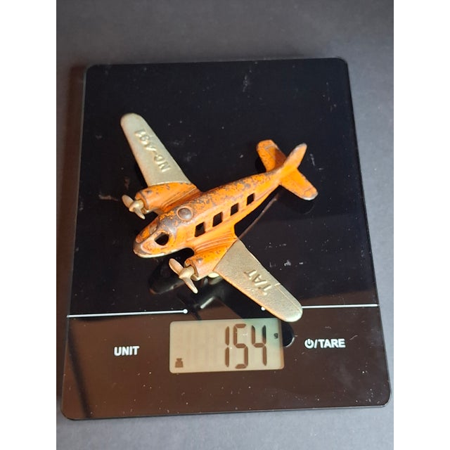 Share Vintage 1930s Hubley Cast Iron Tat Nc-491 Dual Prop Airplane Toy Orange Nickel For Sale - Image 13 of 15