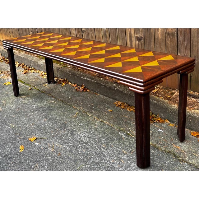 1970s Monumental Artisan Post-Modern Mahogany Marquetry Inlaid Console Dining Table For Sale - Image 5 of 6