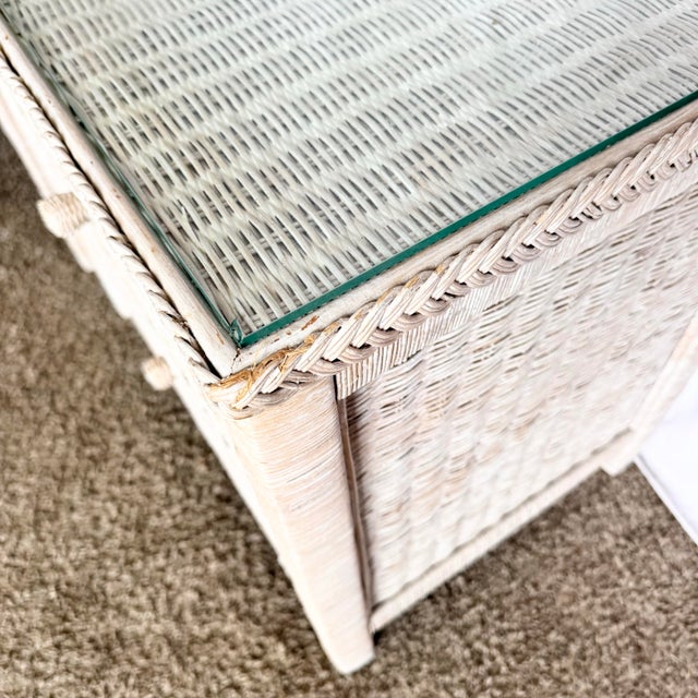 Vintage Boho Chic White Washed Wicker Glass Top Nighstands - A Pair For Sale - Image 9 of 10