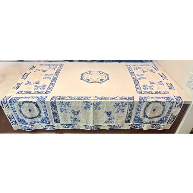 Royal Blue Vintage Blue and White Hand Blocked Chinoiserie Hemstitched Linen Table Cloth For Sale - Image 8 of 10