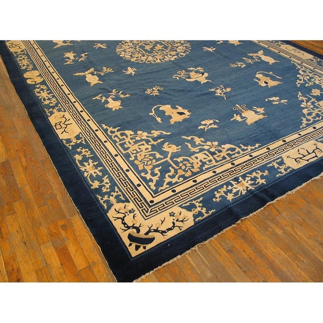 Late 19th Century 1880s Classic Floral Deco Medallion Design Light Blue Antique Chinese Peking Rug For Sale - Image 5 of 6