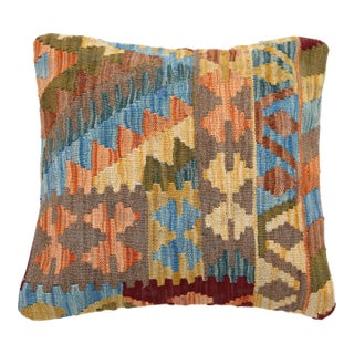 Arteverk Handwoven Afghan Kilim Pillow — Blue & Orange Geometric Patchwork For Sale
