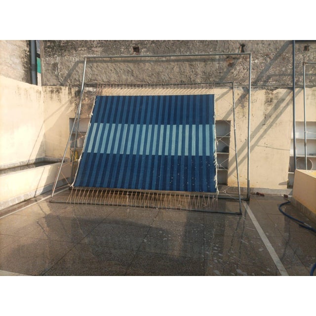 Handmade Cotton Area Rug, Natural Vegetable Dyed, Indigo Blue Striped Rug - 10'x14' For Sale - Image 9 of 13