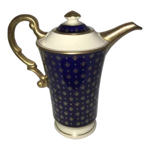 1940s Syracuse China Old Ivory Normandie Cobalt Blue Gold Fleur De Lis Coffee Tea Pot