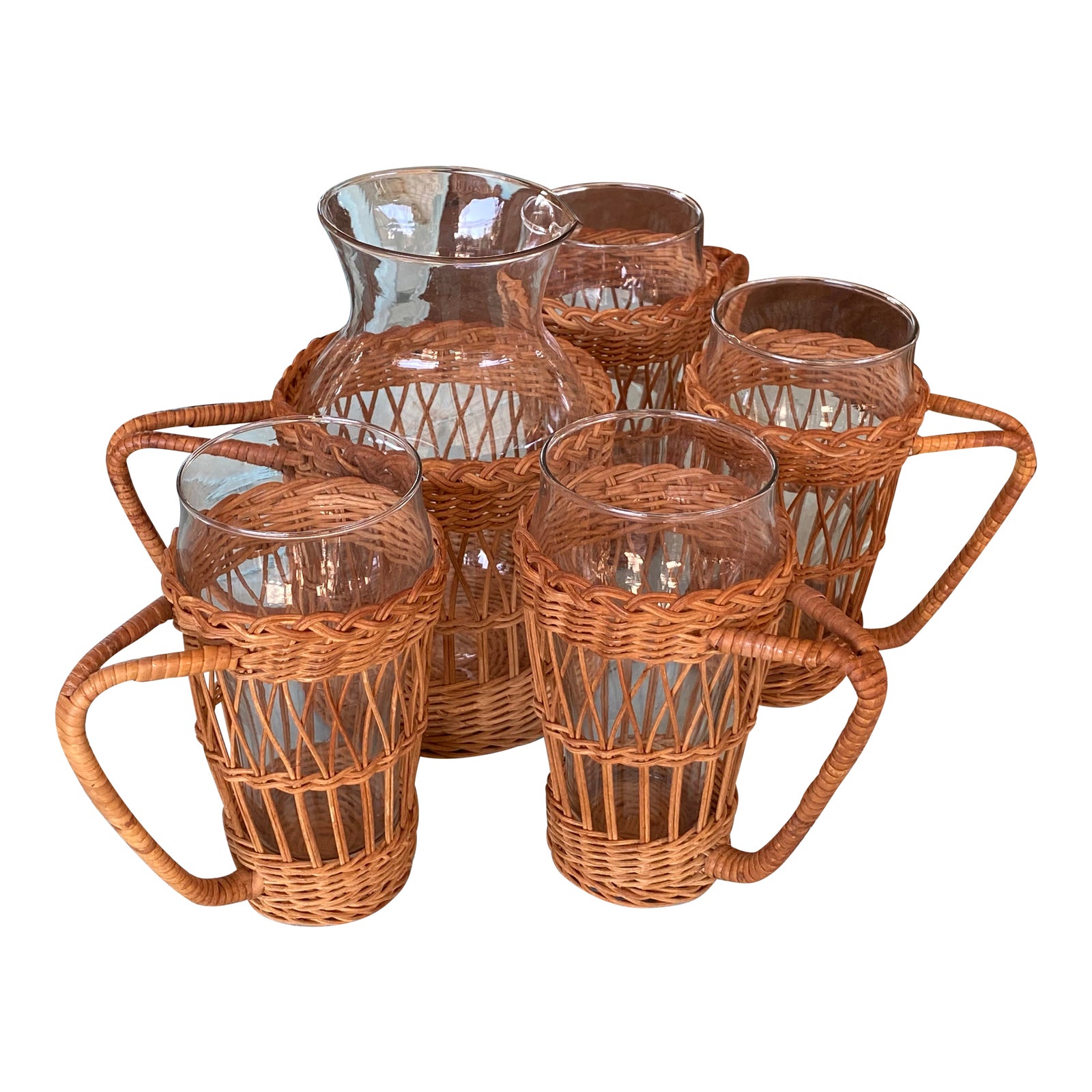 Vintage Boho Wicker Pitcher and Glass Set Chairish