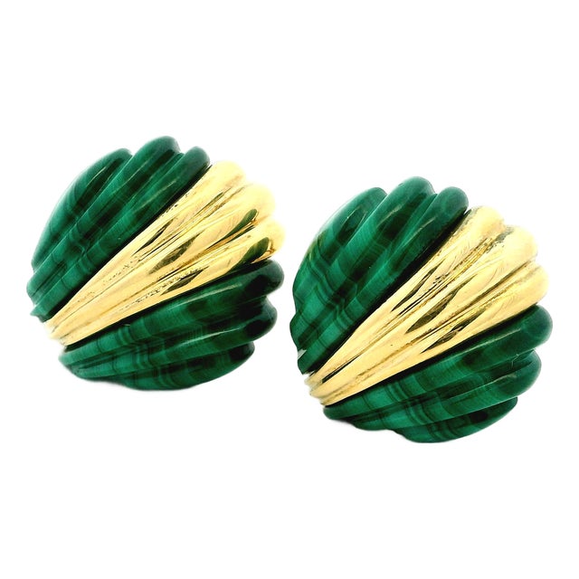 Vintage 1970s 18k Gold Carved Malachite Sculptural Clip-on Earrings, Pair For Sale