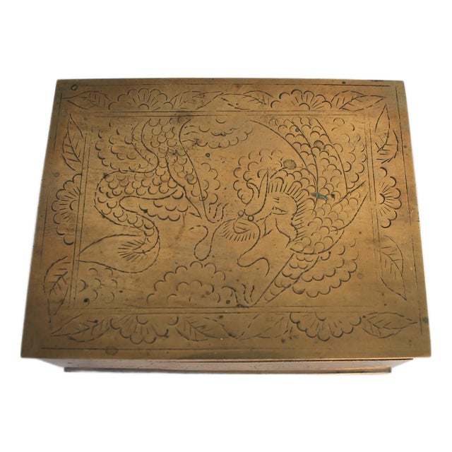Vintage Etched Brass Chinese Trinket Box W/ Dragon Motif For Sale