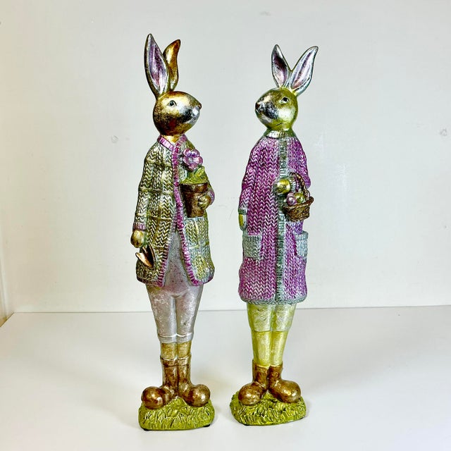 Vintage Boho Chic Shabby Chic Foil Wrapped Plaster Tall Rabbits - A Pair - Easter For Sale - Image 13 of 14