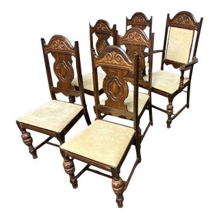 Antique 1920s Spanish Revival Oak Dining Chairs - Set of 6 For Sale