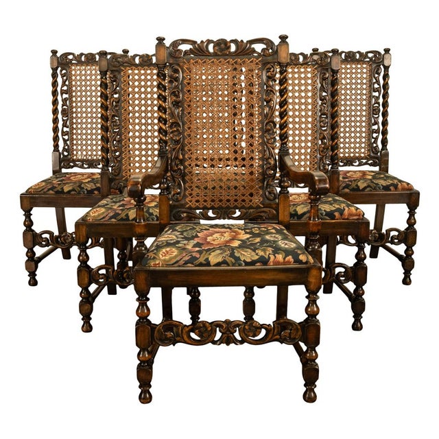 Jacobean Antique 19thC Set 6 Carved Caned Jacobean Barley Twist Walnut Dining Chairs 1870 For Sale - Image 3 of 18
