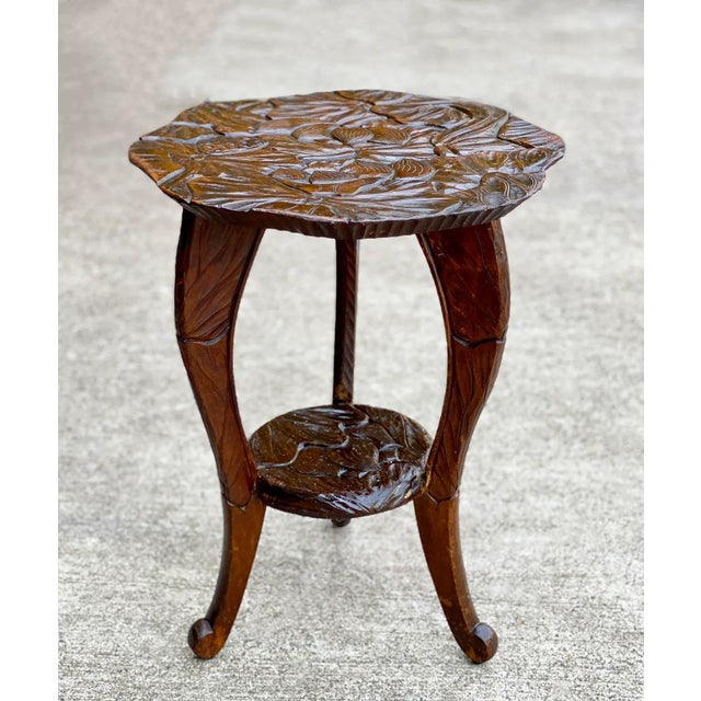 Antique Art Nouveau Carved Fruitwood Floral Motif Plant Stand Table by Liberty & Co, c. Early 20th Century - Pairs Nicely...