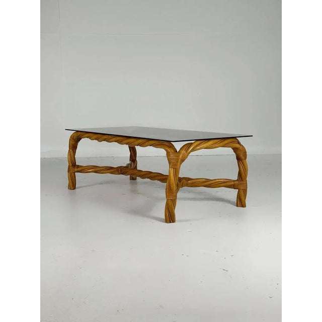 Brown Large Curled Rattan Coffee Table with Smoked Glass Top For Sale - Image 8 of 8