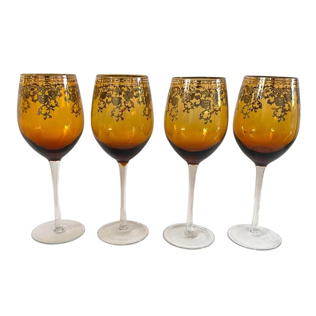 Vintage Amber & Gold Gilt Bohemian Decanter & 4 Wine Glasses. MCM For Sale - Image 4 of 11