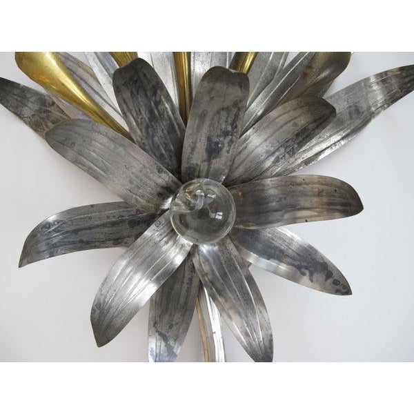 A Pair of American Art Deco Tole & Brass Foliate-Form Sconces Centering Glass Spheres For Sale - Image 9 of 10