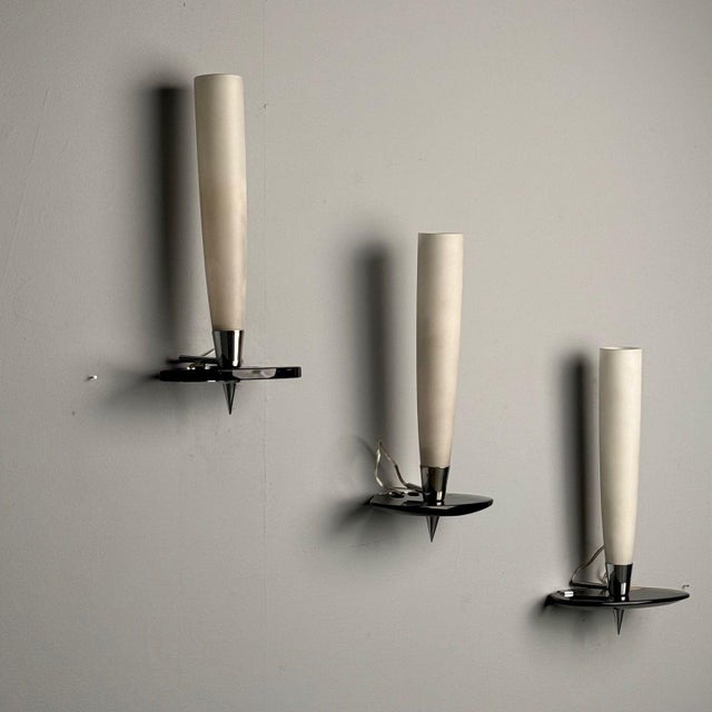 Fontana Arte Attr., Italian Mid-Century Modern, Wall Sconces, Chrome, Glass For Sale - Image 4 of 10