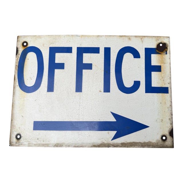 Blue & White Antique Porcelain Office W Right Arrow Advertising Sign For Sale