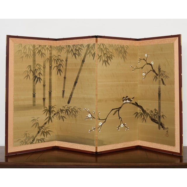 Japanese Showa Four Panel Screen Spring Bamboo Landscape For Sale - Image 14 of 18