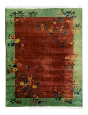 Antique Art Deco Handmade Floral Chinese Green and Brown Wool Rug