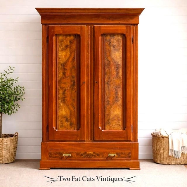 Wood Antique 1870s Eastlake Victorian Knockdown | Walnut W/ Burl | Wardrobe Armoire | With Key For Sale - Image 7 of 16