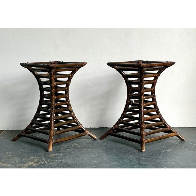 Late 20th Century Vintage Boho Willow and Reed Stacked Rattan Table Pedestals - A Pair For Sale - Image 5 of 12