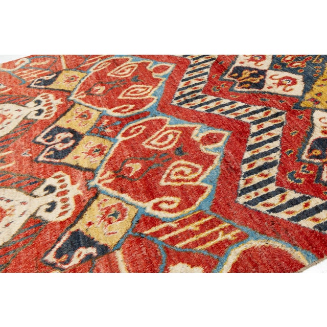 Moroccan Style Hand-Knotted Wool Area Rug With Graphic Tribal in Terracotta Red For Sale - Image 10 of 12