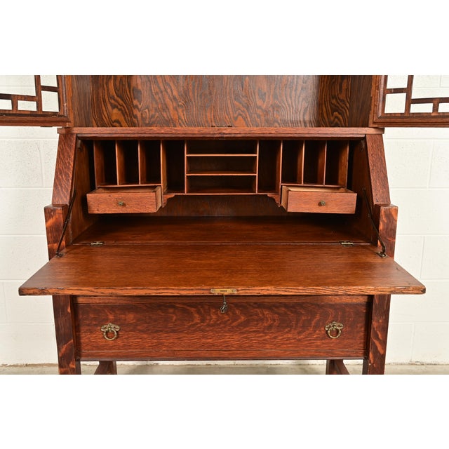 Wood Stickley Brothers Style Antique Mission Oak Arts & Crafts Secretary Desk With Bookcase Hutch, Circa 1910 For Sale - Image 7 of 14