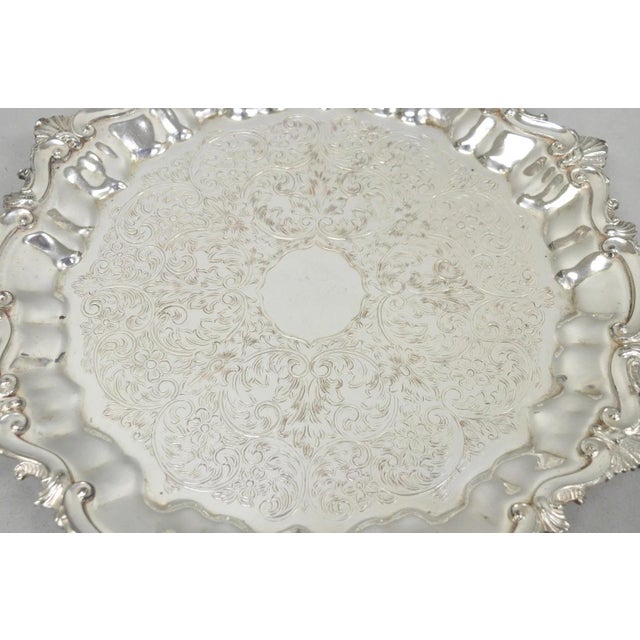 Victorian Vintage Sbep Victorian Silver Plated Round Scalloped Salver Bar Tray Platter For Sale - Image 3 of 14