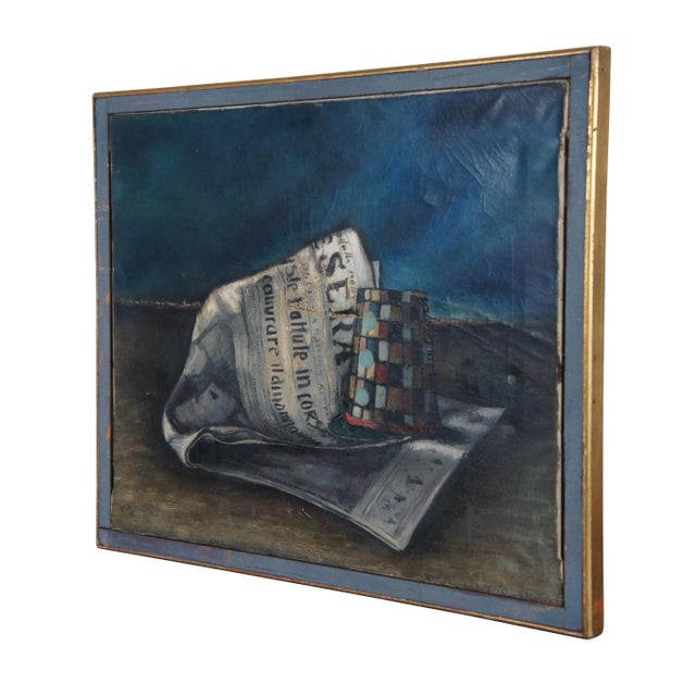 Mid century still life oil painting on canvas showing a crumpled newspaper and a multi-colored checkered top hat. Signed...