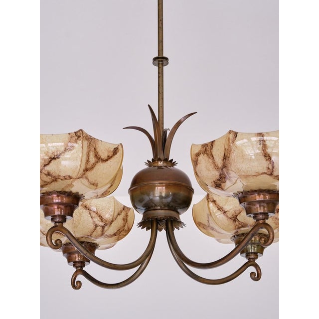1920s Vintage Swedish Hanging Light in Brass and Marbled Glass, 1927 For Sale - Image 5 of 18