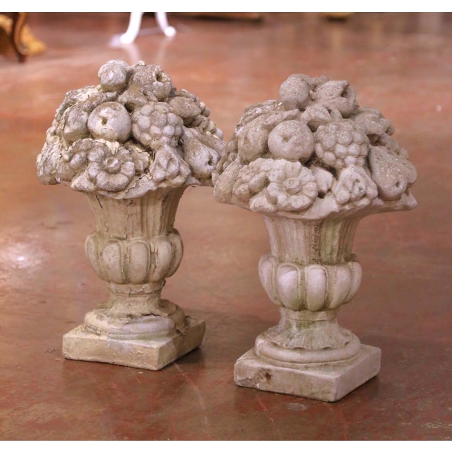 Mid 20th Century Pair of Mid Century French Carved Weathered Concrete Outdoor Vases For Sale - Image 5 of 7