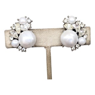 Vintage Signed Crown Trifari Rhodium Plated Mabe Pearl & Clear Rhinestone Clip Earrings-2 Pieces For Sale
