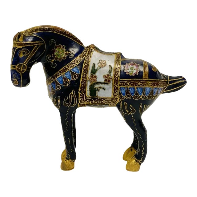 Vintage Tang Style Cloisonne Metal Tall Horse Sculpture. For Sale