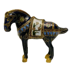 Vintage Tang Style Cloisonne Metal Tall Horse Sculpture.