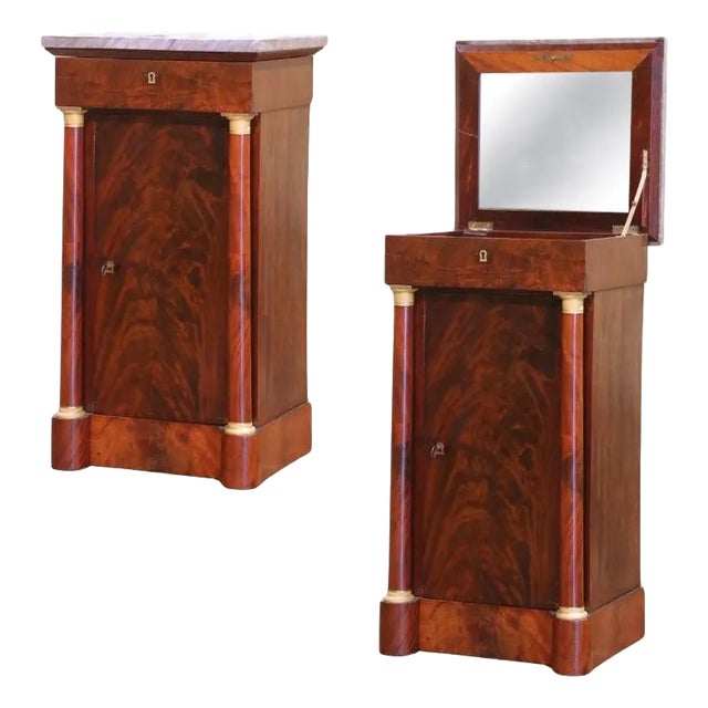 19th Century French Empire Marble Top Carved Walnut Vanity Cabinet With Mirror For Sale